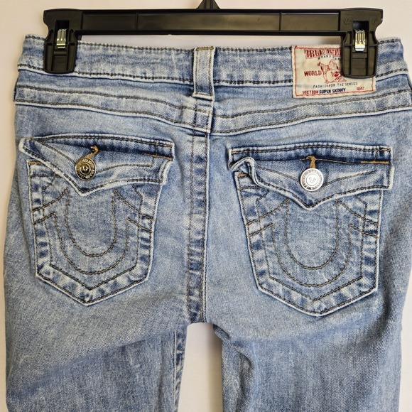 True Religion World Tour Super Skinny Distressed Jeans, Blue Acid Wash, Size 26 - Picture 5 of 8